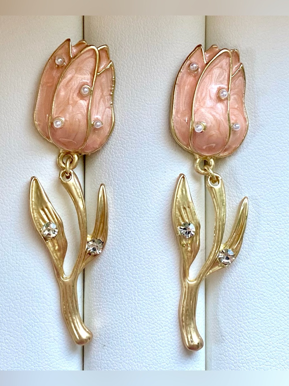 Gold-Tone Tulip Drop Earrings in Blush Pink Enamel